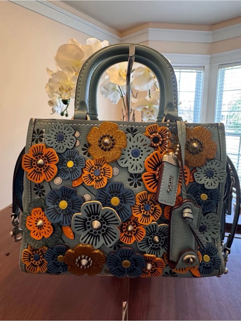 Coach 1941 Rogue Embellished Floral Appliqué Satchel - Blue with Orange Accents